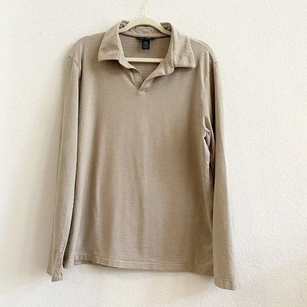 Banana Republic Mens Tan Long‎ Sleeve V-neck Henley Pullover Shirt Large Cotton